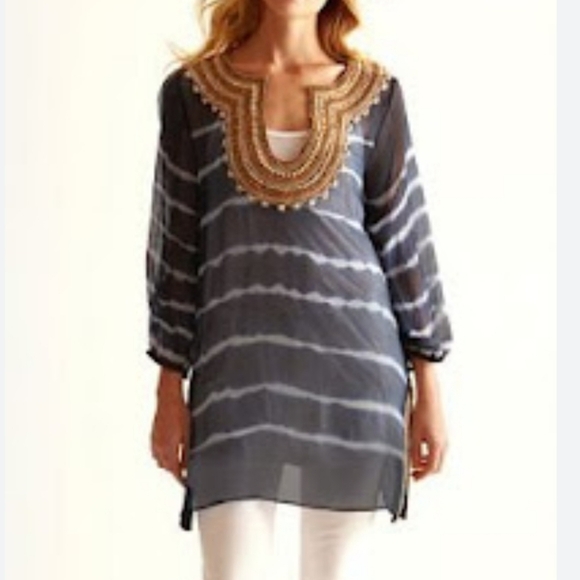 Calypso St. Barth Sheer Black Tunic with Gold Embellishments Medium 100% Silk - Picture 1 of 9